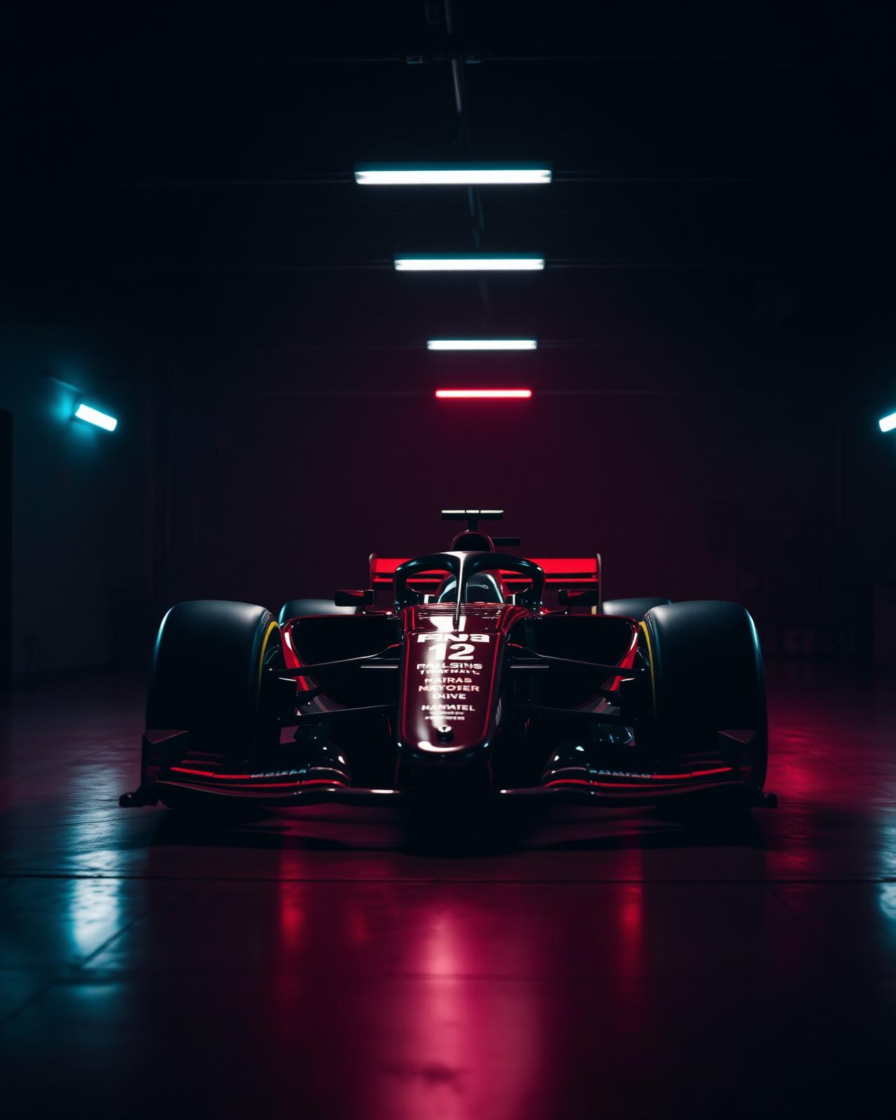 Formula 1 car under spotlights